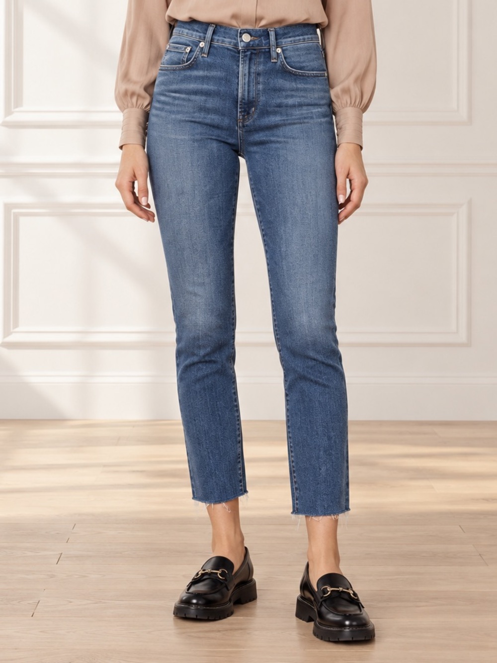 AGOLDE Sophie Crop Jeans 27 Claremont Blue Raw Hem Slim Straight Stretch Denim